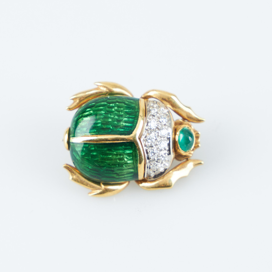 BROSCH, skalbagge, åttkantslipade diamanter, smaragd, emalj, 18K guld, Alessandria, Italien.