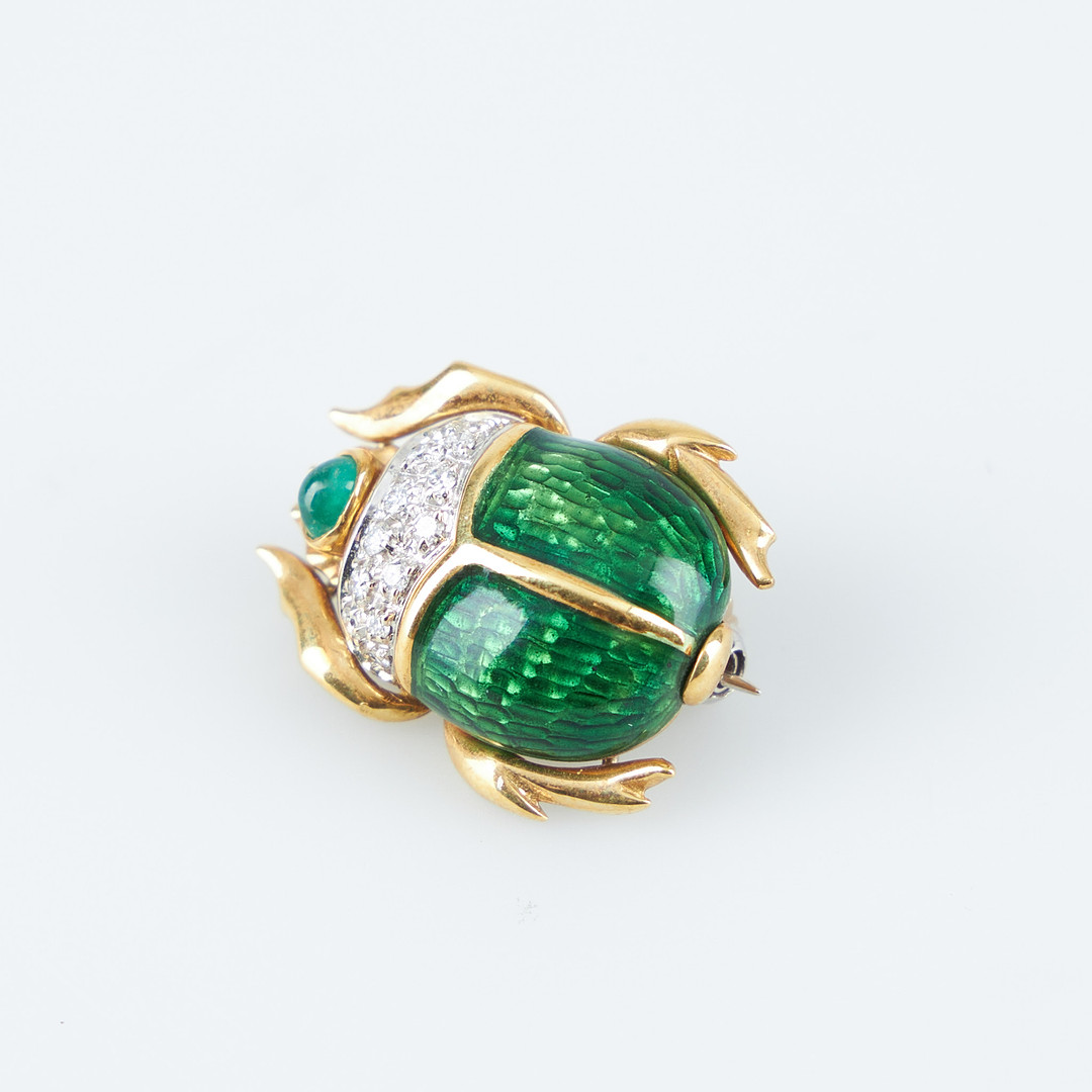 BROSCH, skalbagge, åttkantslipade diamanter, smaragd, emalj, 18K guld, Alessandria, Italien.