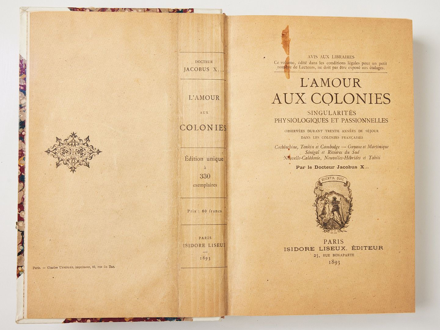 DR. JACOBUS X, L'Amour aux colonies, 1893, here with 20 hand-coloured plates, provenance Felix Bryk.