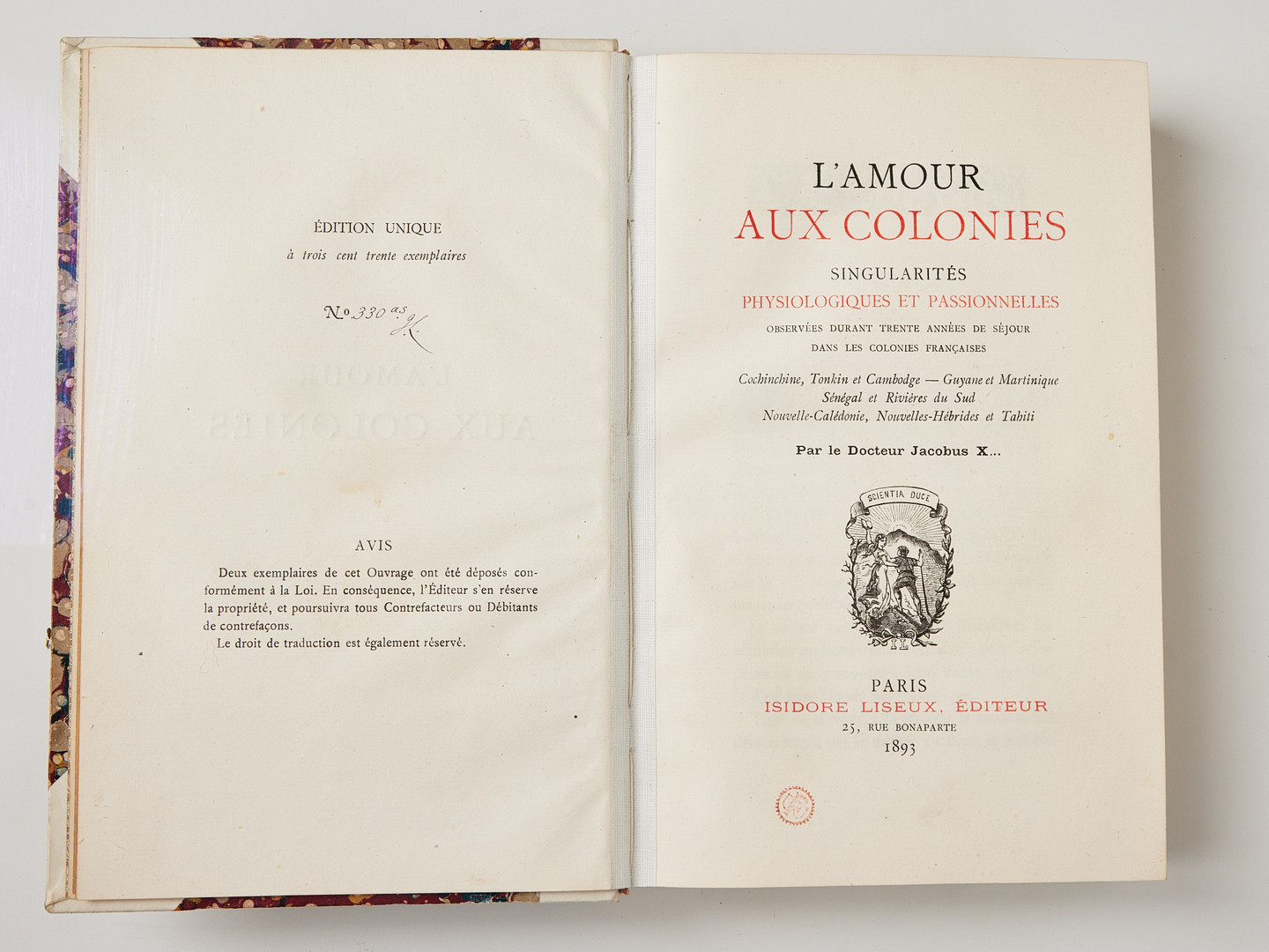 DR. JACOBUS X, L'Amour aux colonies, 1893, here with 20 hand-coloured plates, provenance Felix Bryk.