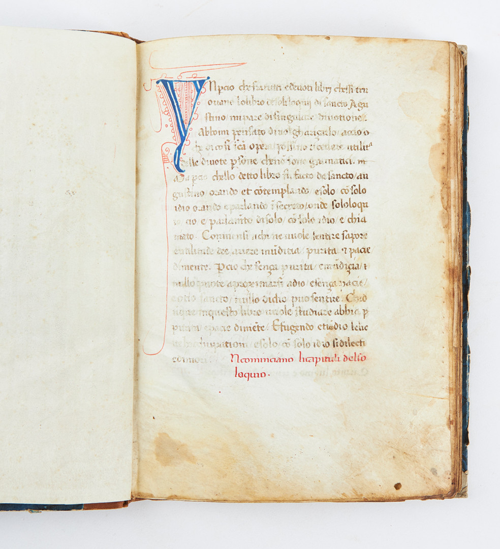 SOLILOQUIA, IN ITALIAN TRANSLATION, DECORATED MANUSCRIPT ON VELLUM ITALY (PERHAPS TUSCANY), 15TH CENTURY.