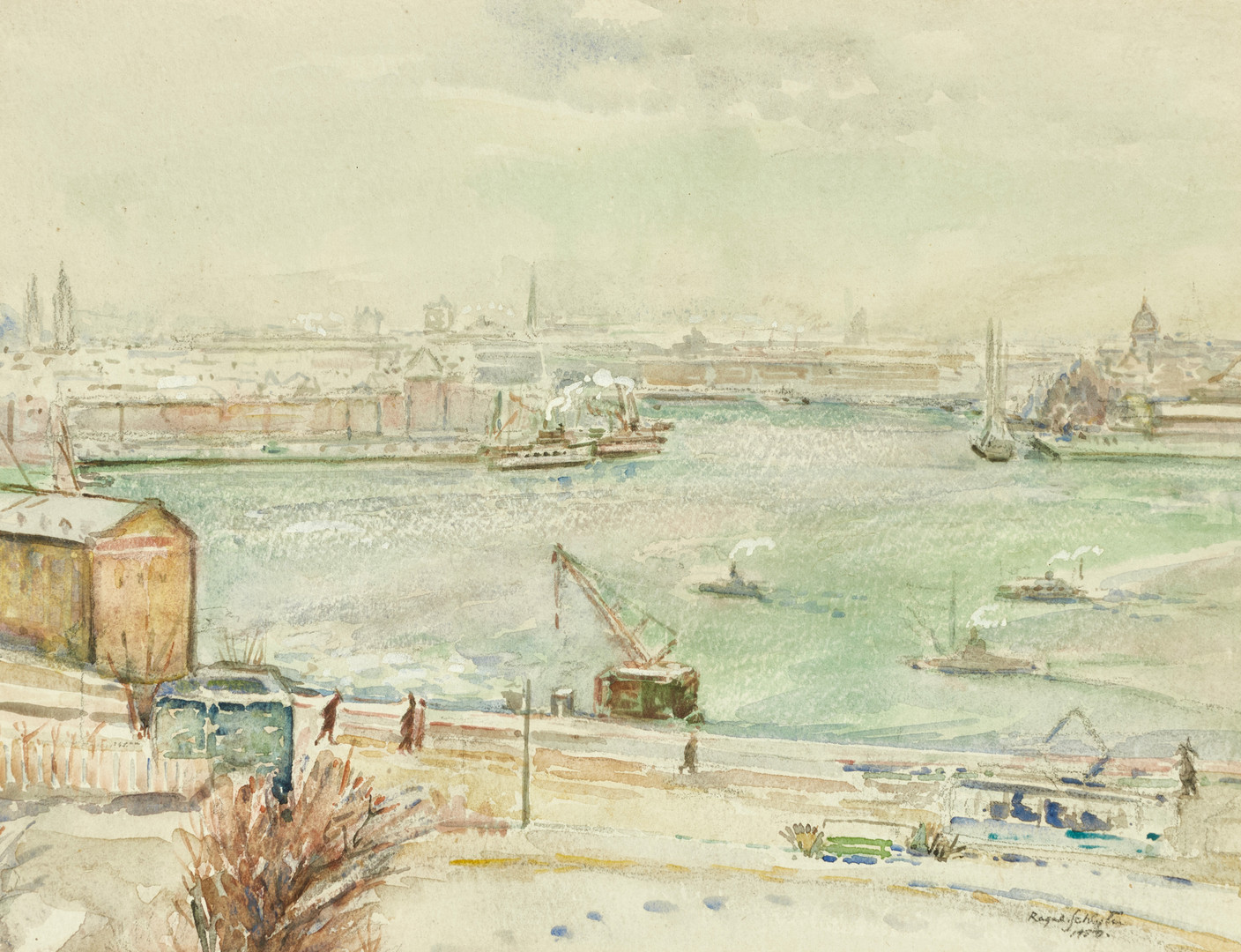 RAGNHILD SCHLYTER (1887–1977). Vy över Stockholm, signerad och daterad 1950, akvarell.