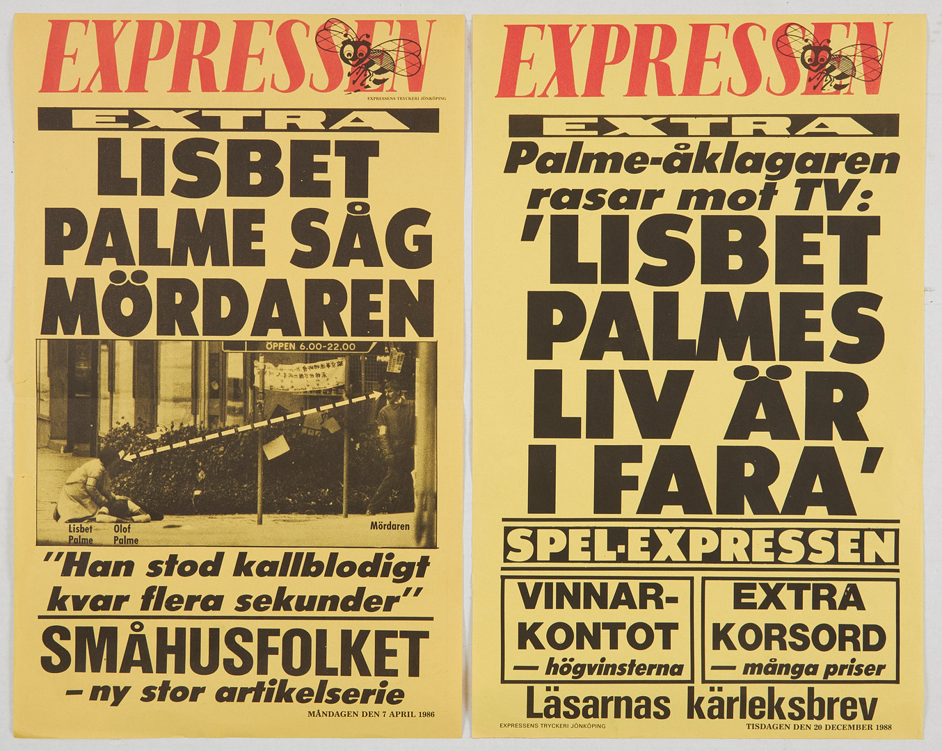 OLOF PALME MEMORABILIA, 10 st affischer/löpsedlar rörande Palmemordet, 1986-1990.