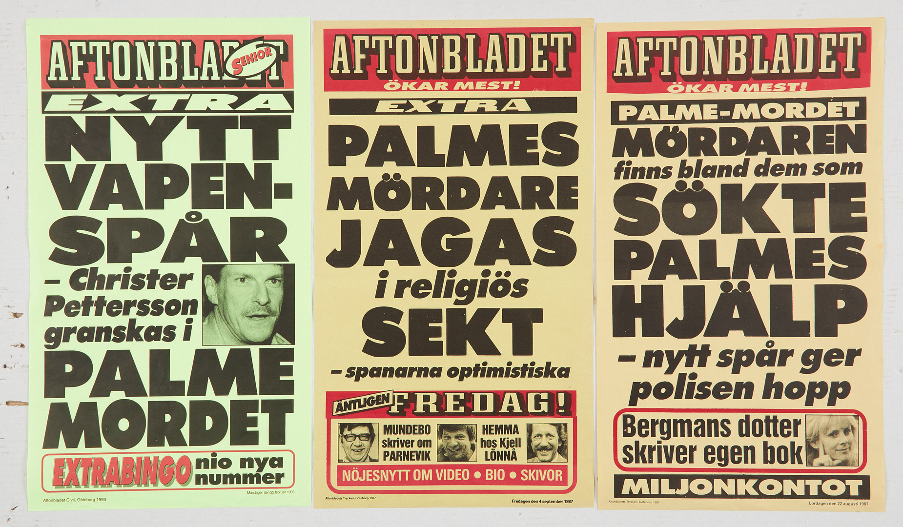 OLOF PALME MEMORABILIA, 10 st affischer/löpsedlar rörande Palmemordet, 1986-1990.