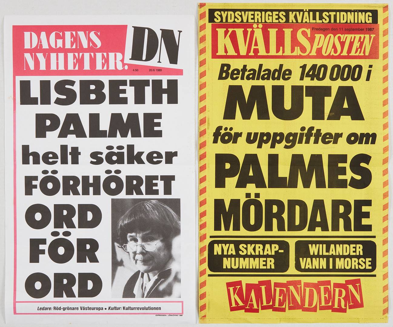 OLOF PALME MEMORABILIA, 10 st affischer/löpsedlar rörande Palmemordet, 1986-1990.