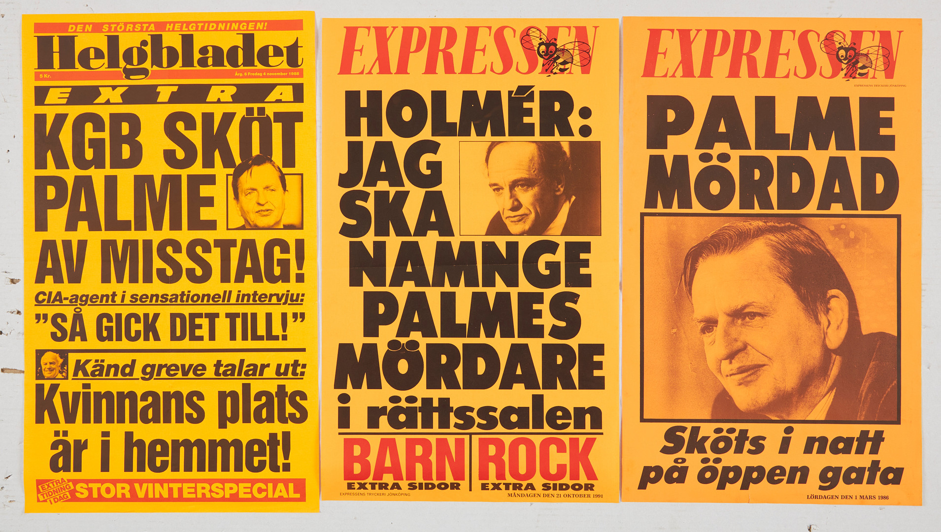 OLOF PALME MEMORABILIA, 10 st affischer/löpsedlar rörande Palmemordet, 1986-1990.