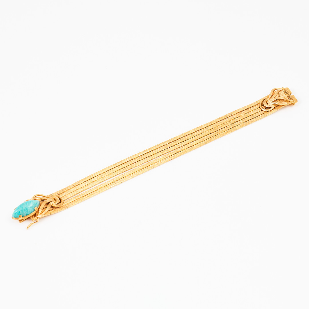 ARMBAND, 18 k guld, 5 halvledade och satinerade länkar, lås med dekor av en oval amazonit med cabochonslipning, Italien/Vicenza, (1944-1968).
