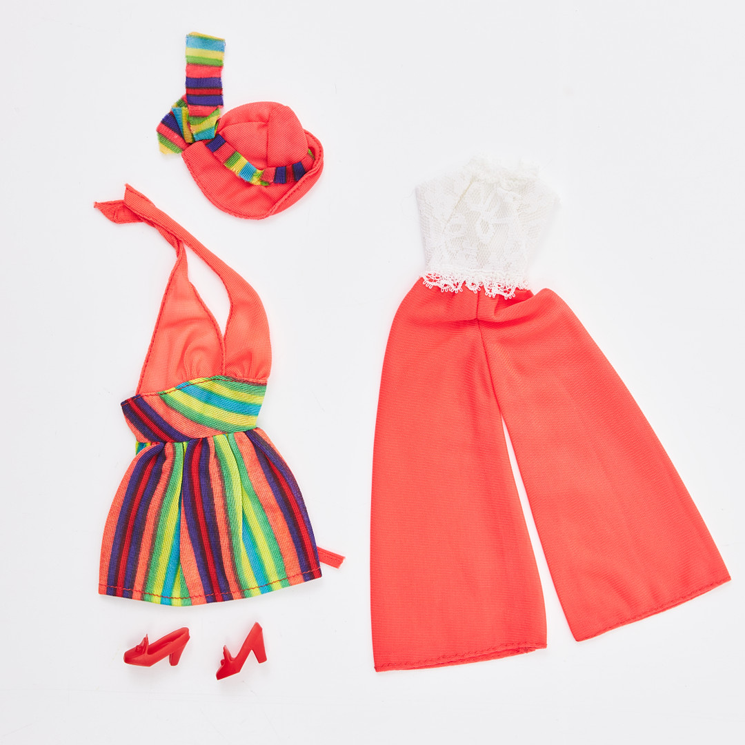 BARBIE AND HER FRIENDS, BBF Outfits, (7), #7746 Palazzo Pants Outfit (name by Sears), #7748 Lace and Ruffles, #7750, #7751, #7756 Pepsi Outfit, #7815, #7817, (1974), Mattel.