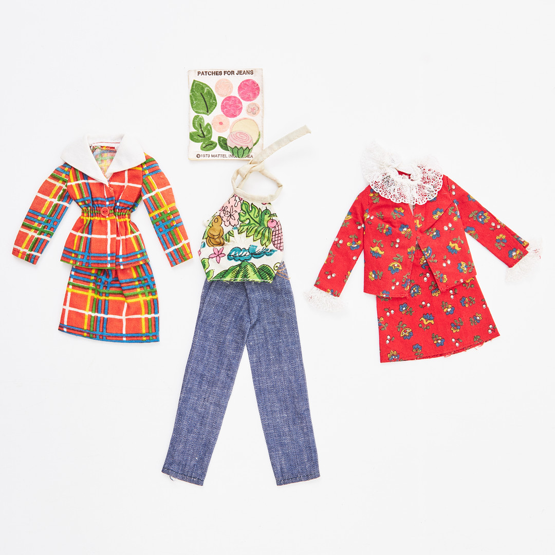 BARBIE AND HER FRIENDS, BBF Outfits, (7), #7746 Palazzo Pants Outfit (name by Sears), #7748 Lace and Ruffles, #7750, #7751, #7756 Pepsi Outfit, #7815, #7817, (1974), Mattel.