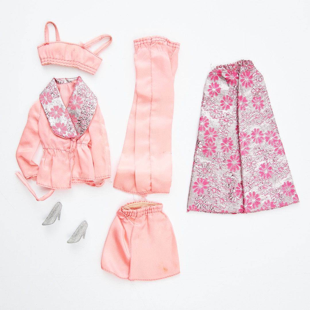 BARBIE AND HER FRIENDS, BBF+GUAG, Outfits, (5), #7839, #7840, Brocade Satin Party, #7841, Party Separates, #7843, Party Dress, #7882 Baby Sits, Sears, (1974-1976), Mattel.