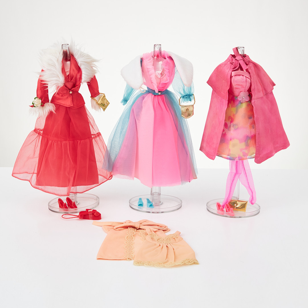 BARBIE AND HER FRIENDS, BBF Outfits, (4), #7177 Evening Ensemble, Europe, #9008 Baby Doll, Sears, #9030 Sears Eclusive, #9421 Department Store Specials Ball Gown, (1974-1976), Mattel.