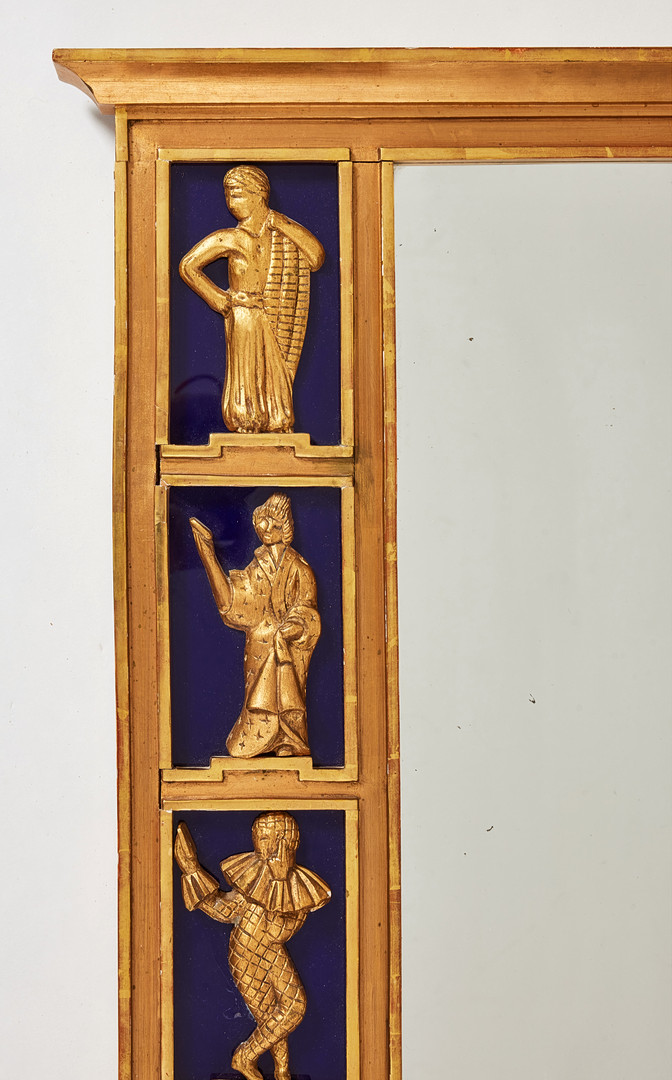 SPEGEL, Sverige 1920/30-tal, Swedish Grace, ram av förgyllt trä, med snidade figurscener mot fond av blått glas.