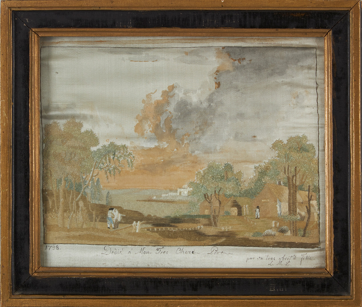 SIDENBRODERI, landskap med vandrare, gustavianskt, 1700-talets slut.