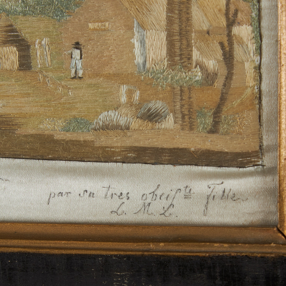 SIDENBRODERI, landskap med vandrare, gustavianskt, 1700-talets slut.