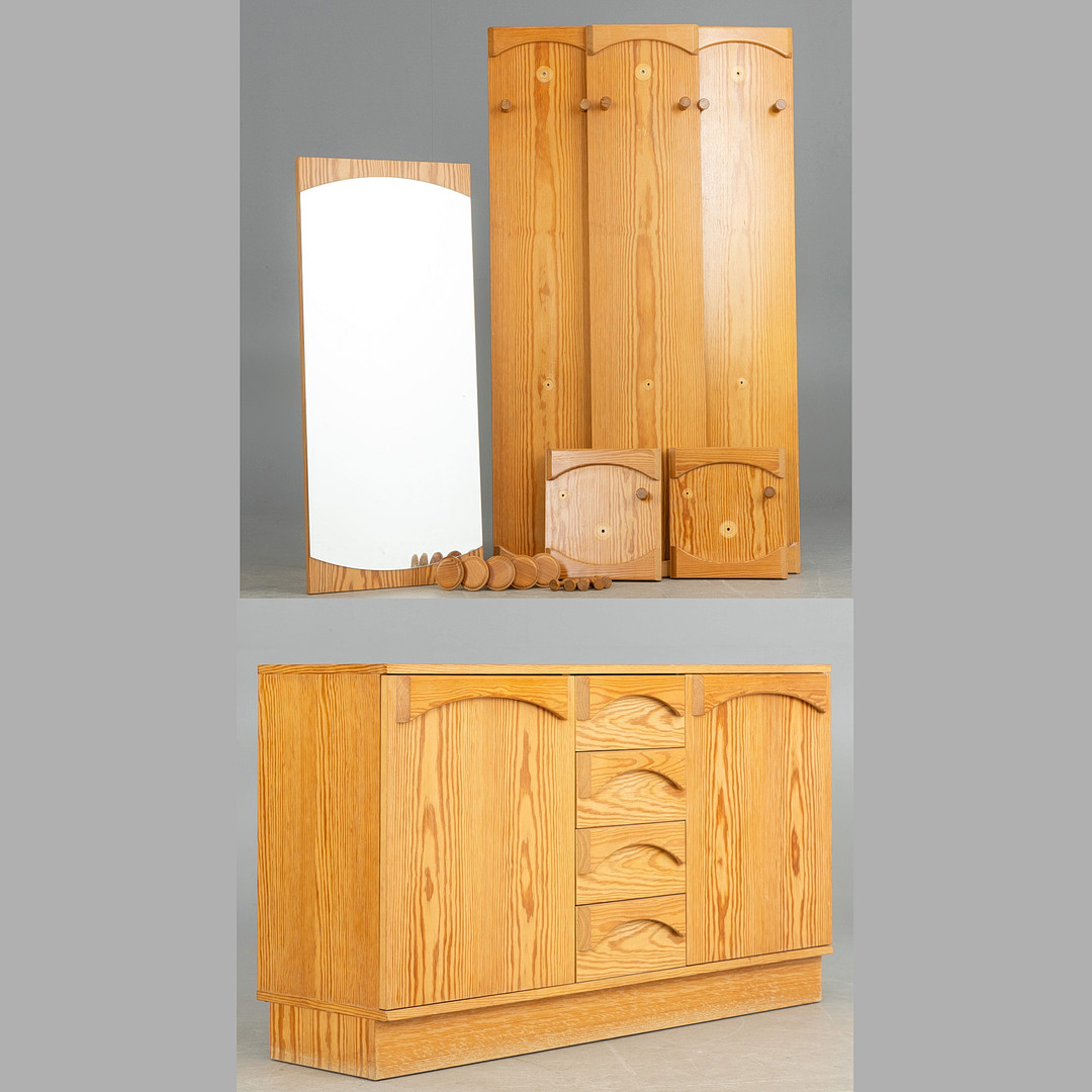 Gerneth Flur. Kommode, Spiegel und Wandgarderobe mit Haken, 1970er Jahre. 7-tlg.