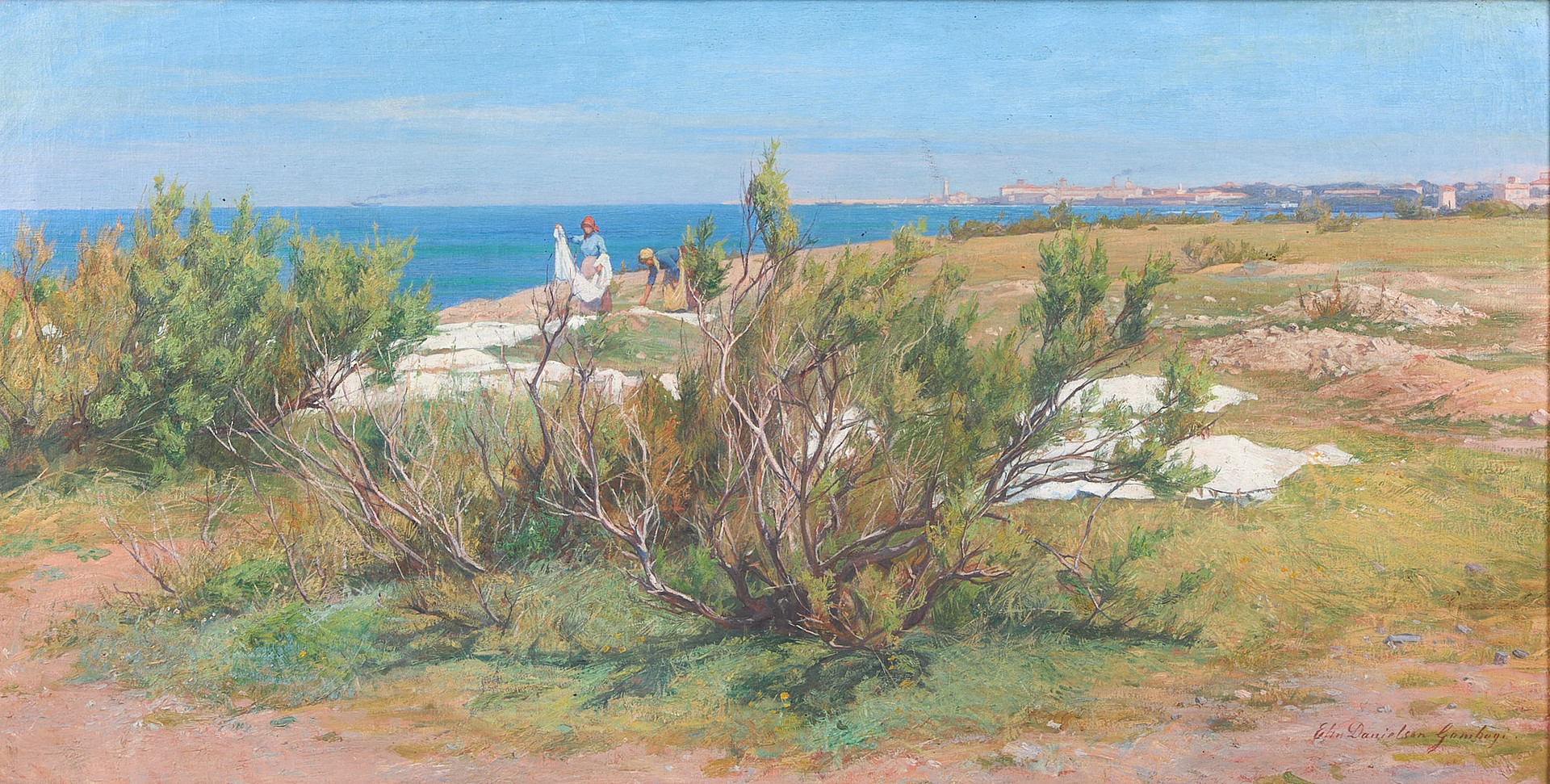 ELIN DANIELSON-GAMBOGI (1861-1919). Pellavakankaita kuivatetaan auringossa Livornon rannikolla, signeerattu, öljy kankaalle.