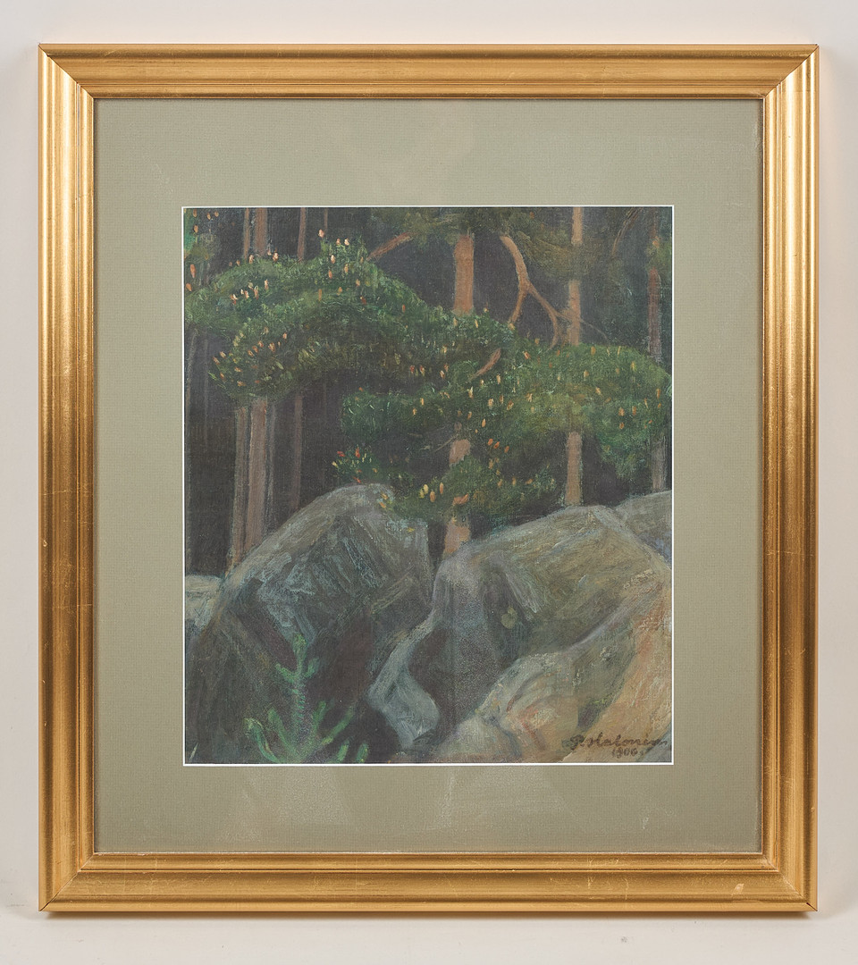 "Blommande skog", signerad samt daterad 1900, olja på duk, a tergo målning "porträtt av en ung man", 1900, olja på duk.