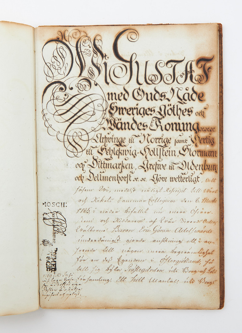 GUSTAV III SIGNERAT DOKUMENT I SKINNBAND MED PÄRMEXLIBRIS, 1789.