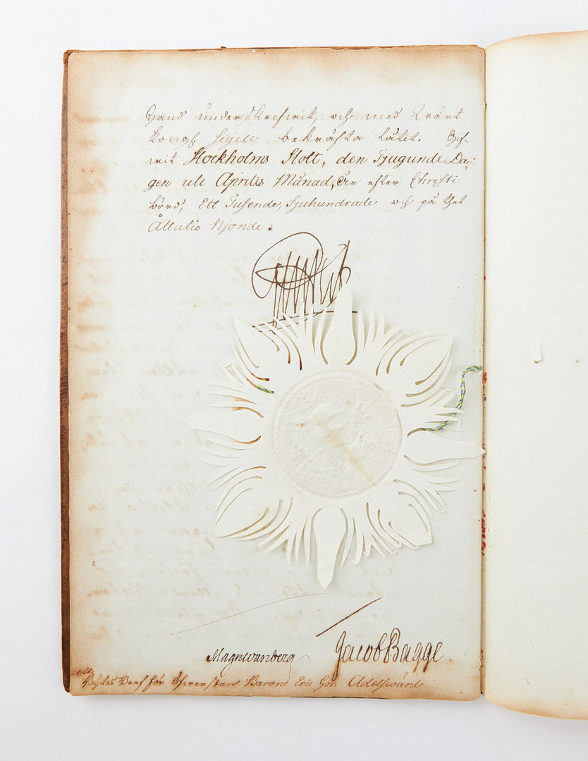 GUSTAV III SIGNERAT DOKUMENT I SKINNBAND MED PÄRMEXLIBRIS, 1789.