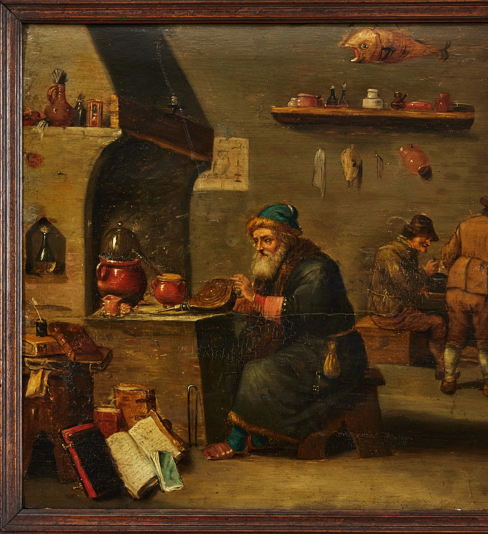 DAVID TENIERS. hans efterföljare, 1700-tal, Alkemist eller läkare i sitt laboratorium.