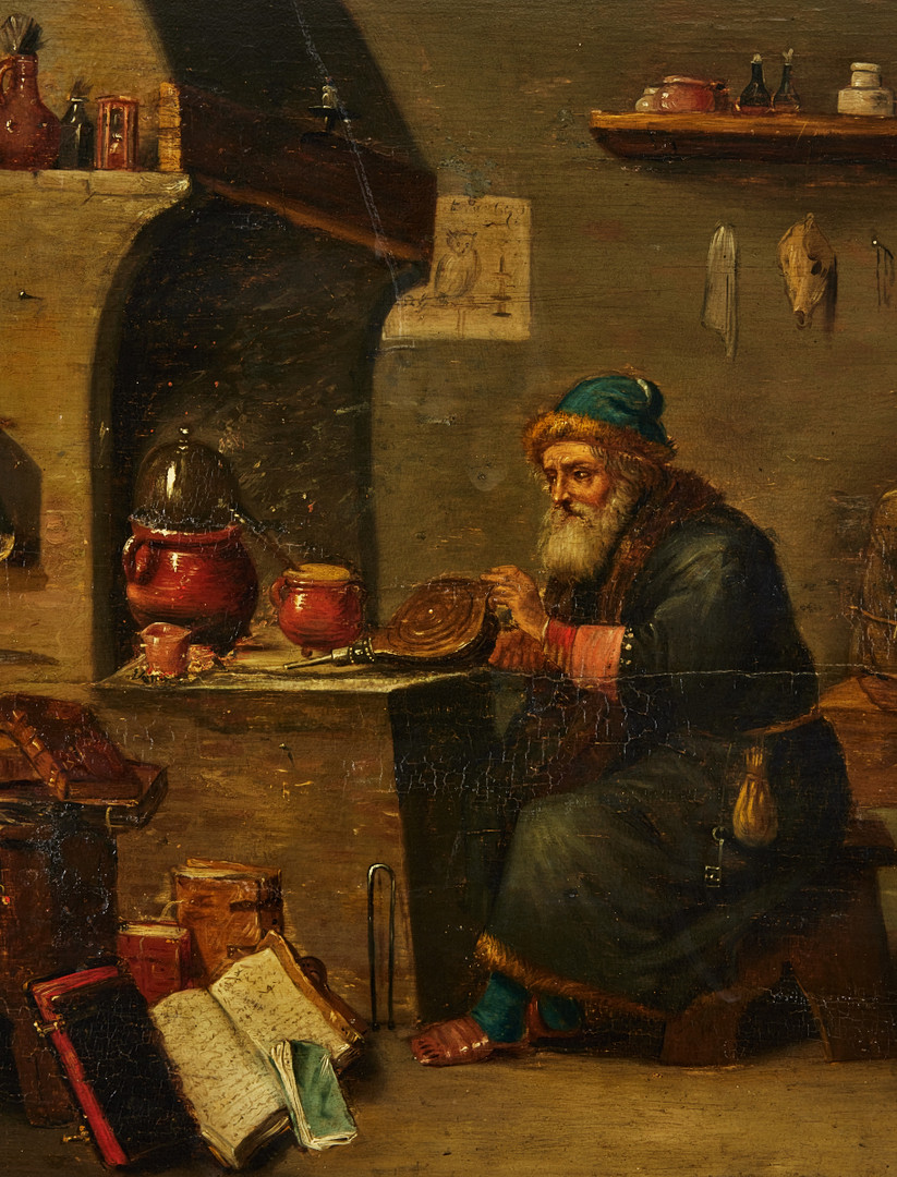 DAVID TENIERS. hans efterföljare, 1700-tal, Alkemist eller läkare i sitt laboratorium.