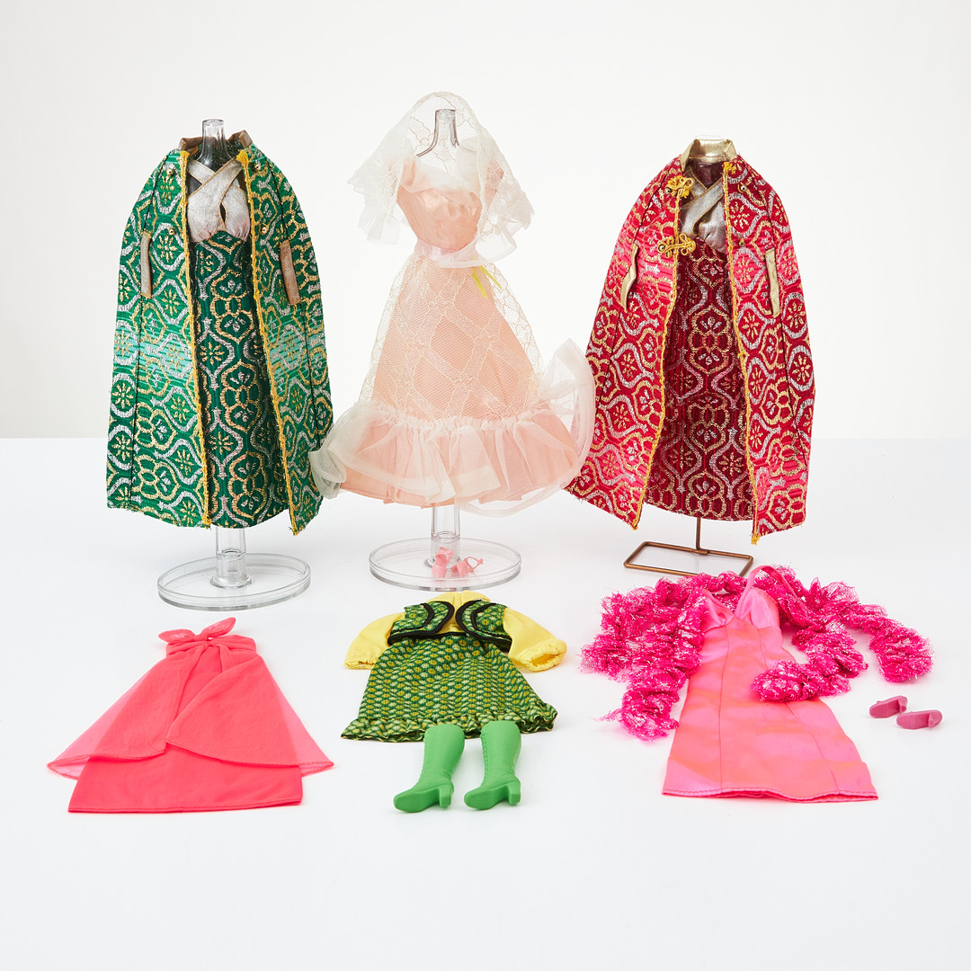 BARBIE AND HER FRIENDS, BBF+GUAG+SUPERSTAR FASHIONS Outfits, (6), #9469 Europe Version, #9627 Peasant Dress, #9720 Pink Gown, #9738 Pink & White Lights the Night, #9835 Brocade Shine for T.V. Time! #9962, (1977-1978), Mattel.