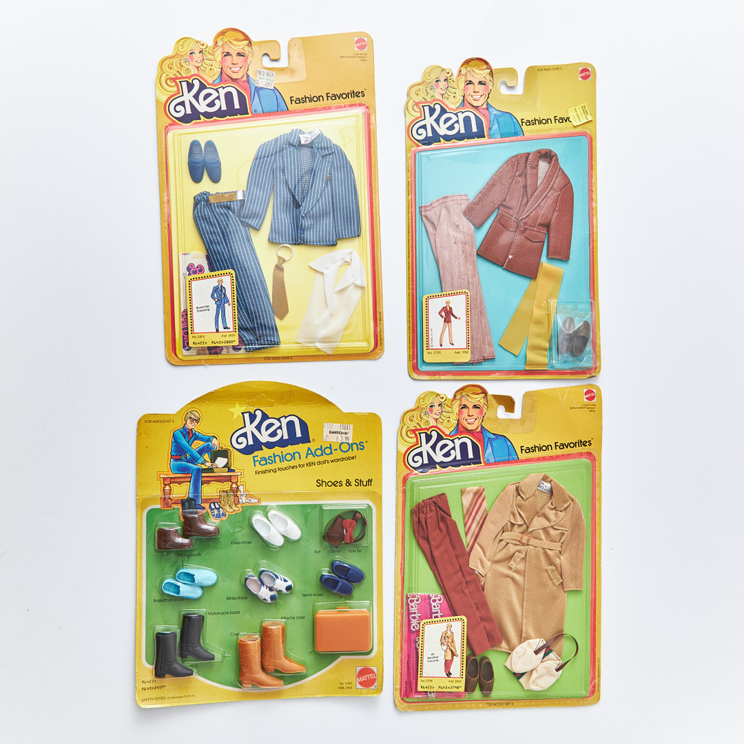 KEN, Fashion Favorites and Fashion Add-Ons Outfits, (4), #2459 Shoes & Stuff, #2798 All Weather Favorite, #2800 Bluechip Dressin, #3795, (1978-1982), Mattel.