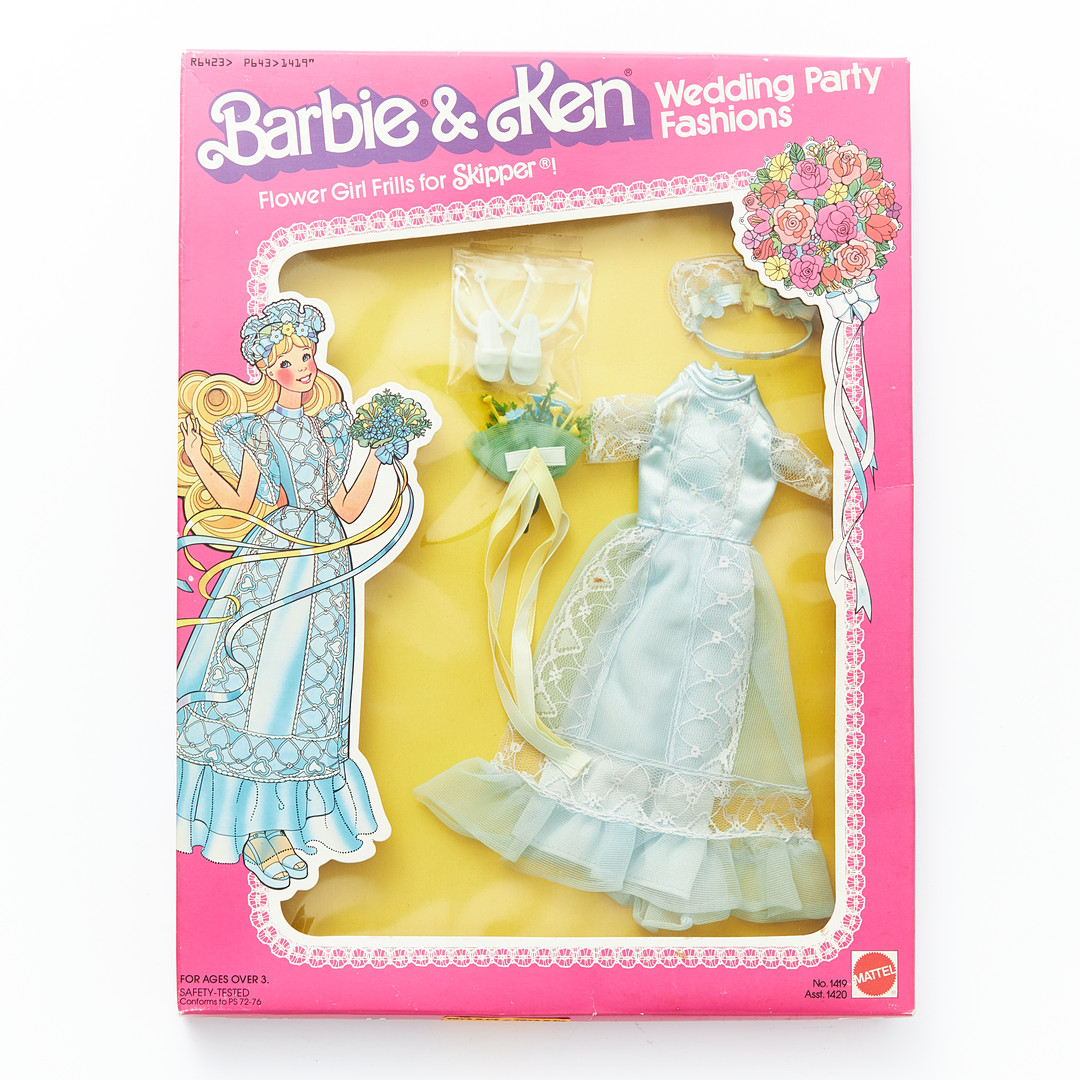 BARBIE, KEN, SKIPPER, Wedding Party Fashions, Outfits, (4), #1416, Here Comes The Bride #1417, Bridesmaid´s Dream, #1418 Suited For the Groom!, #1419, Flower Girl Frills for Skipper, (1980), Mattel.