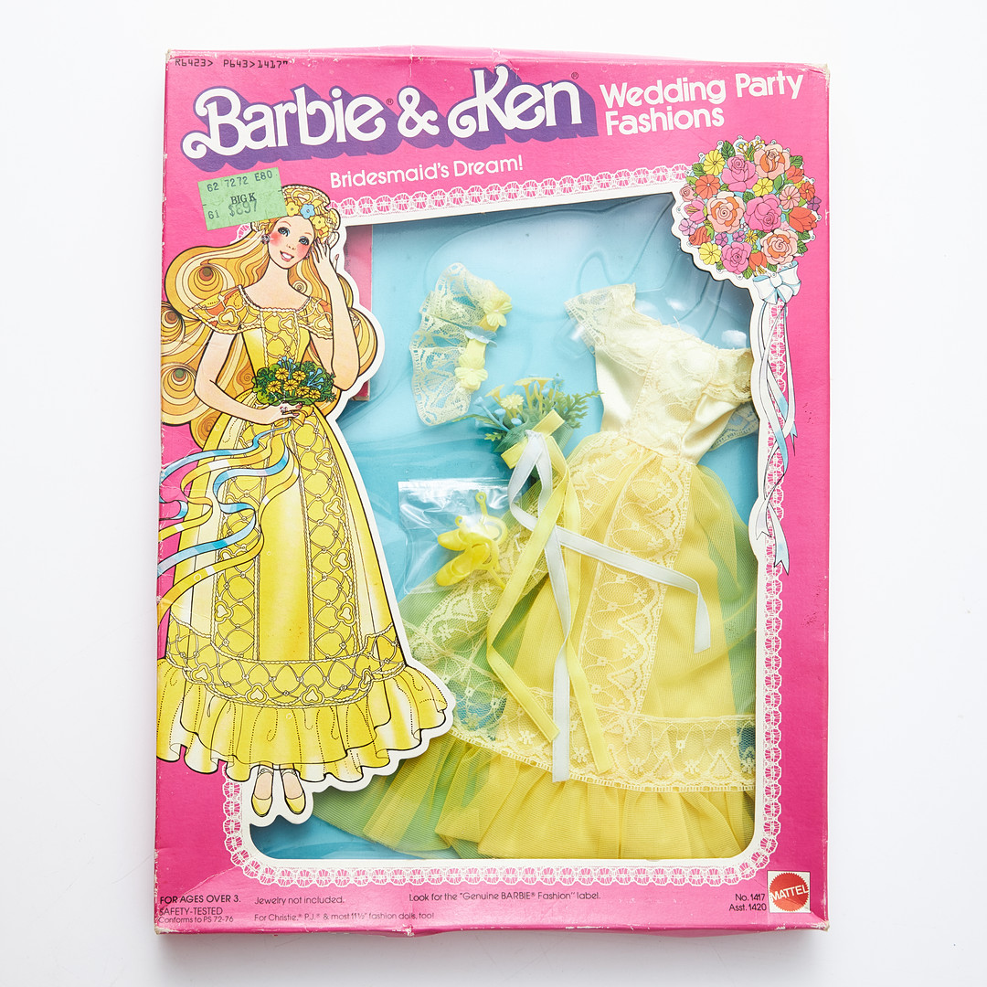 BARBIE, KEN, SKIPPER, Wedding Party Fashions, Outfits, (4), #1416, Here Comes The Bride #1417, Bridesmaid´s Dream, #1418 Suited For the Groom!, #1419, Flower Girl Frills for Skipper, (1980), Mattel.