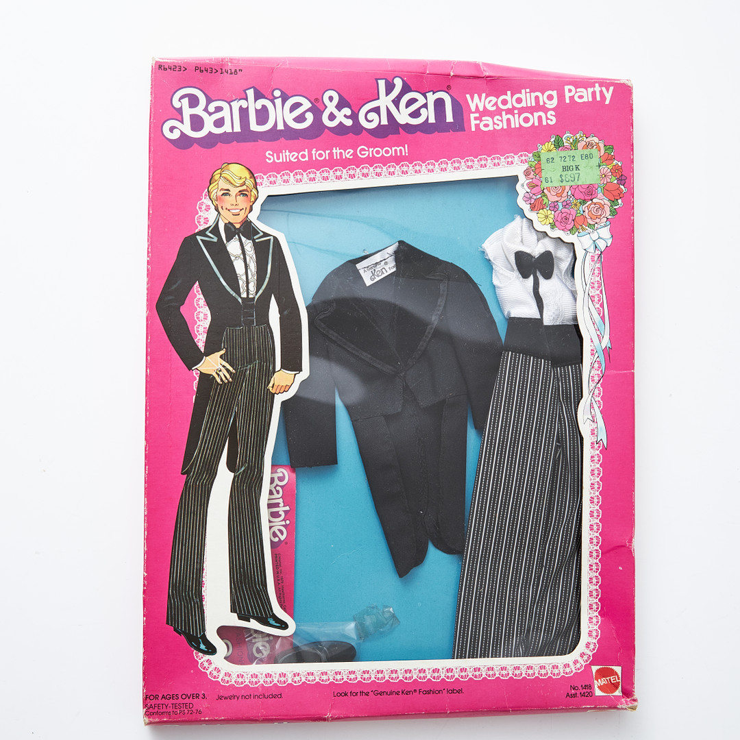BARBIE, KEN, SKIPPER, Wedding Party Fashions, Outfits, (4), #1416, Here Comes The Bride #1417, Bridesmaid´s Dream, #1418 Suited For the Groom!, #1419, Flower Girl Frills for Skipper, (1980), Mattel.