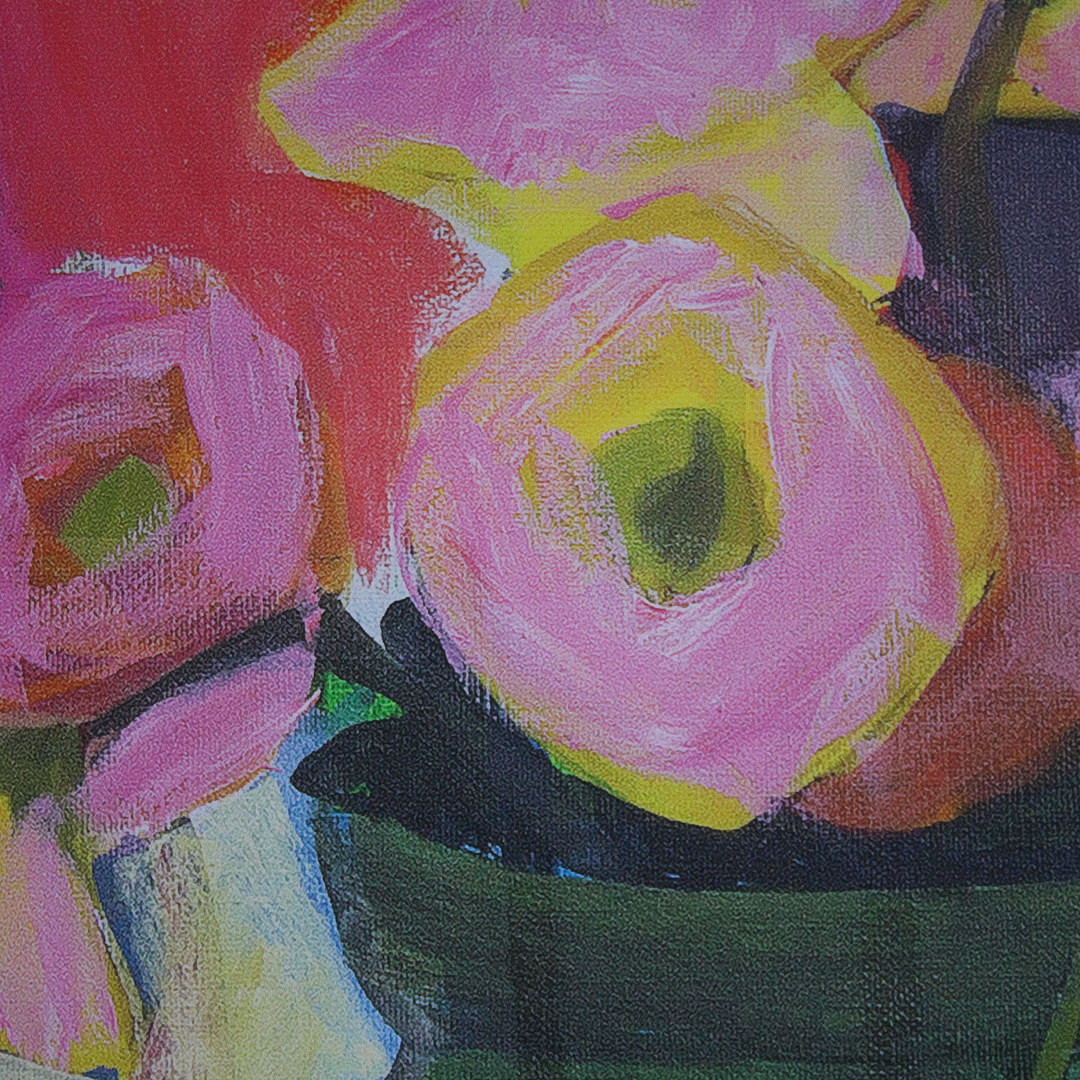 HELGA RADENER-BLASCHKE. 'Blumen und Früchte vor roter Wand', Fine Art-Druck auf Leinwand, limitiert, Ed. 004/120.