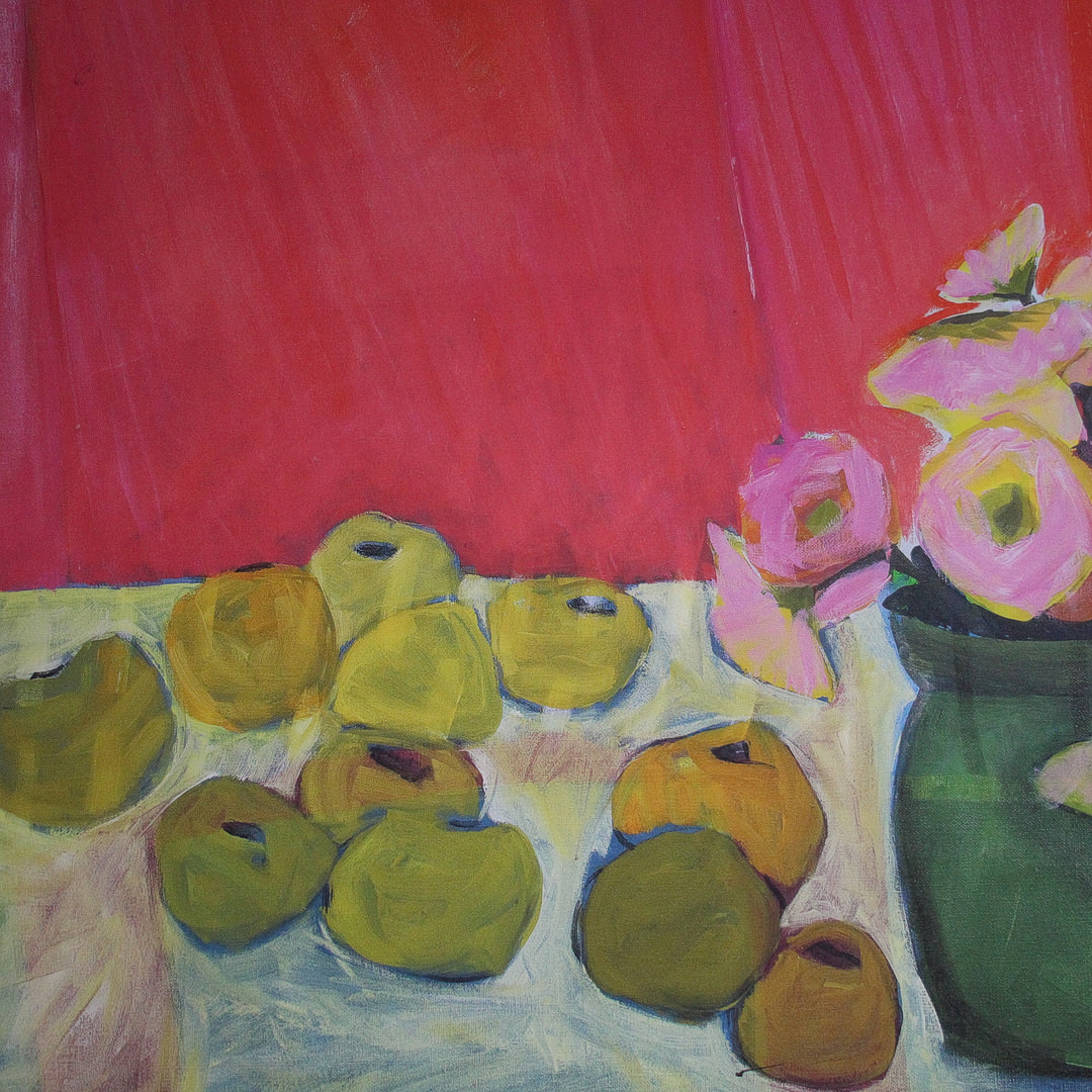HELGA RADENER-BLASCHKE. 'Blumen und Früchte vor roter Wand', Fine Art-Druck auf Leinwand, limitiert, Ed. 004/120.