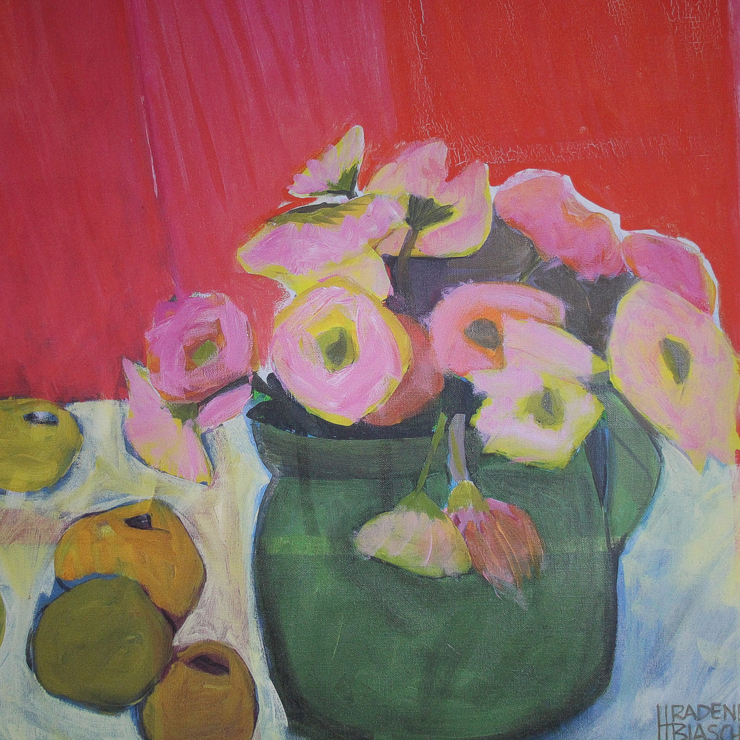 HELGA RADENER-BLASCHKE. 'Blumen und Früchte vor roter Wand', Fine Art-Druck auf Leinwand, limitiert, Ed. 004/120.