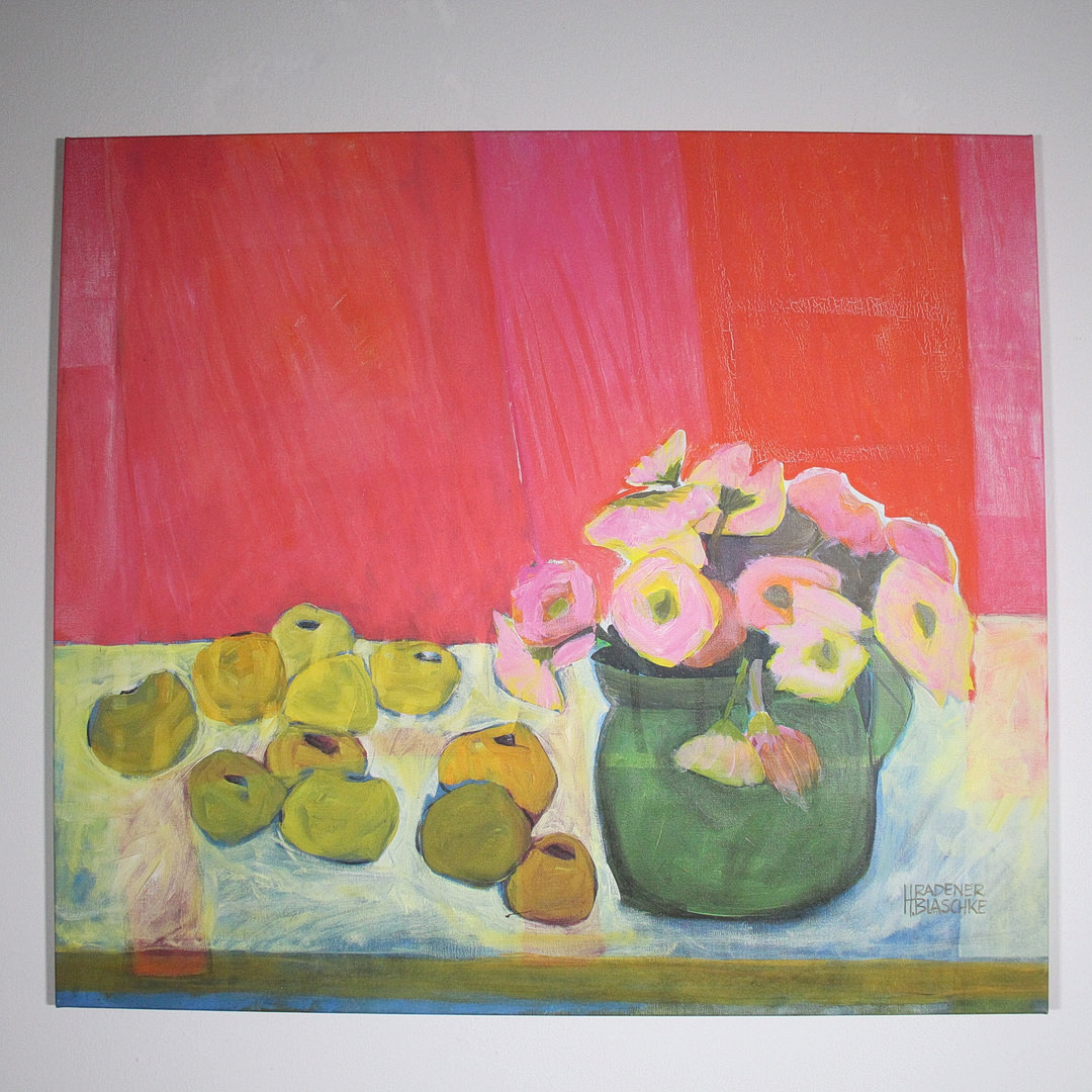 HELGA RADENER-BLASCHKE. 'Blumen und Früchte vor roter Wand', Fine Art-Druck auf Leinwand, limitiert, Ed. 004/120.