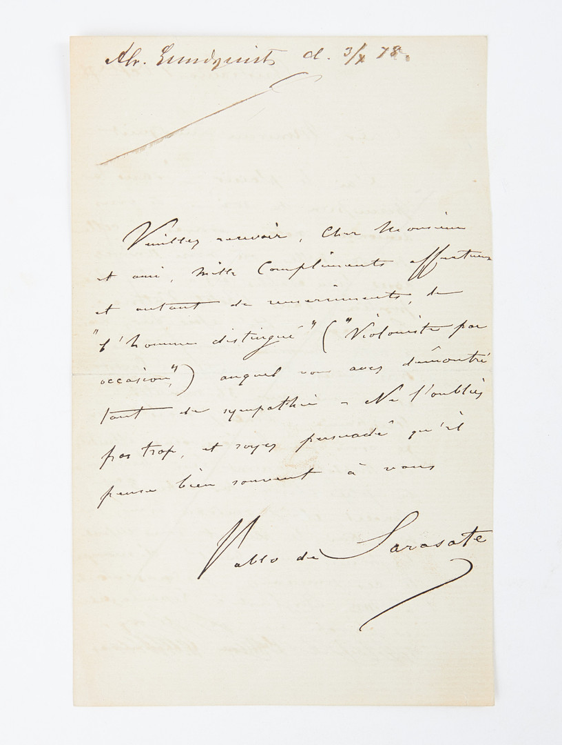 PABLO DE SARASATE, Autograph letter signed, 1878, together with 2 additional documents, provenance Nils Grevillius.