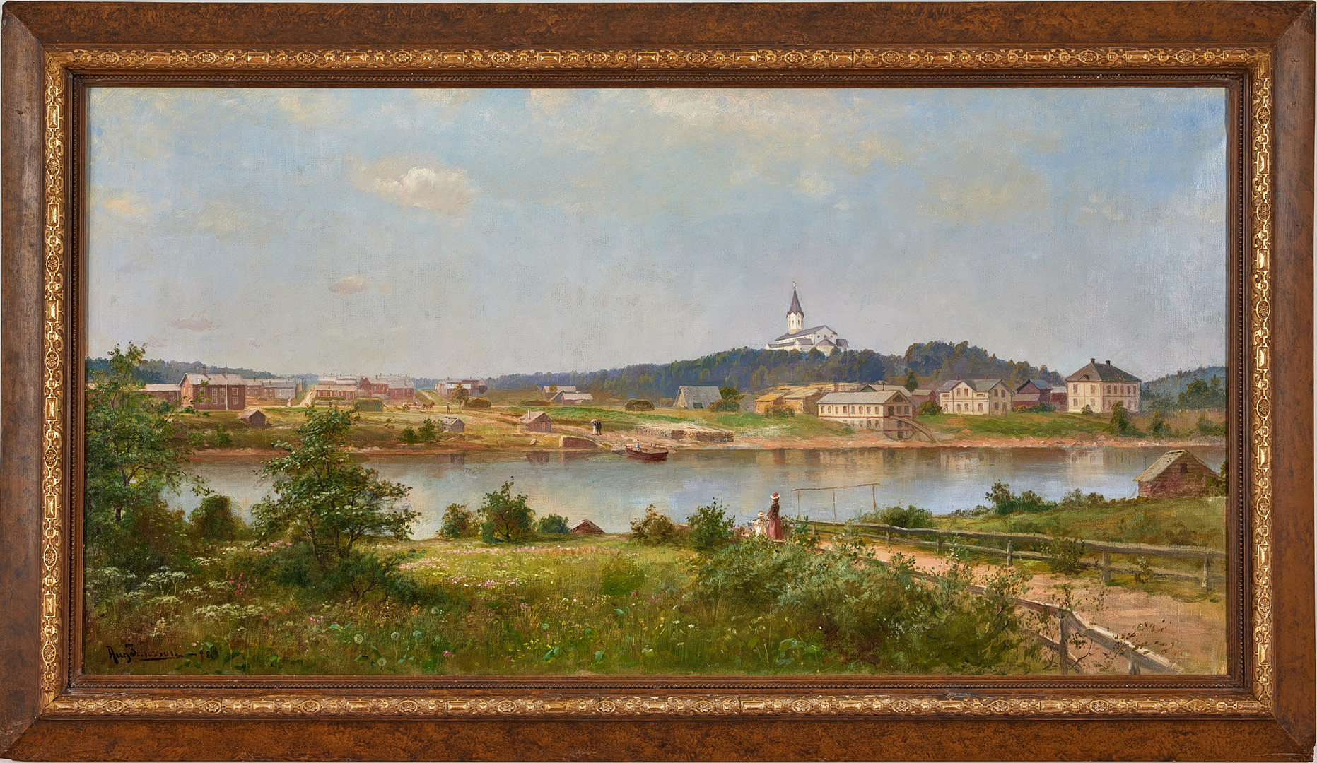 AUGUST JANSSON (1851-1915). Vy över Åsele och Ångermanälven. Olja på duk, 77 x 147 cm. Signerad Aug. Jansson och daterad -98.