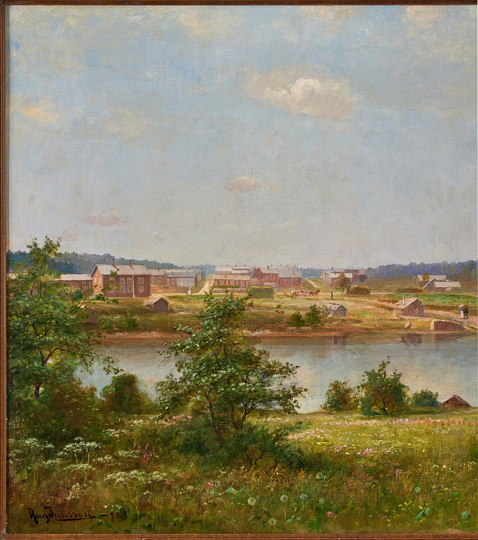 AUGUST JANSSON (1851-1915). Vy över Åsele och Ångermanälven. Olja på duk, 77 x 147 cm. Signerad Aug. Jansson och daterad -98.