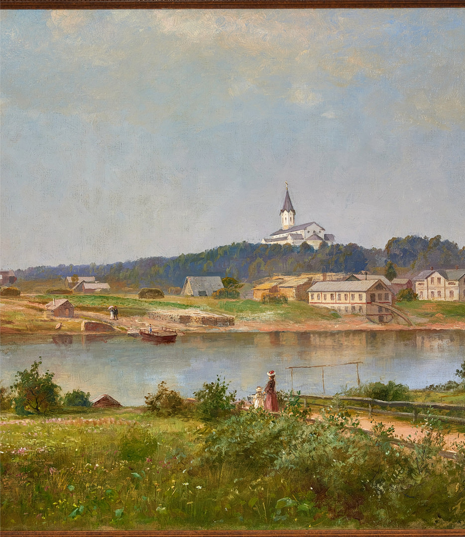 AUGUST JANSSON (1851-1915). Vy över Åsele och Ångermanälven. Olja på duk, 77 x 147 cm. Signerad Aug. Jansson och daterad -98.