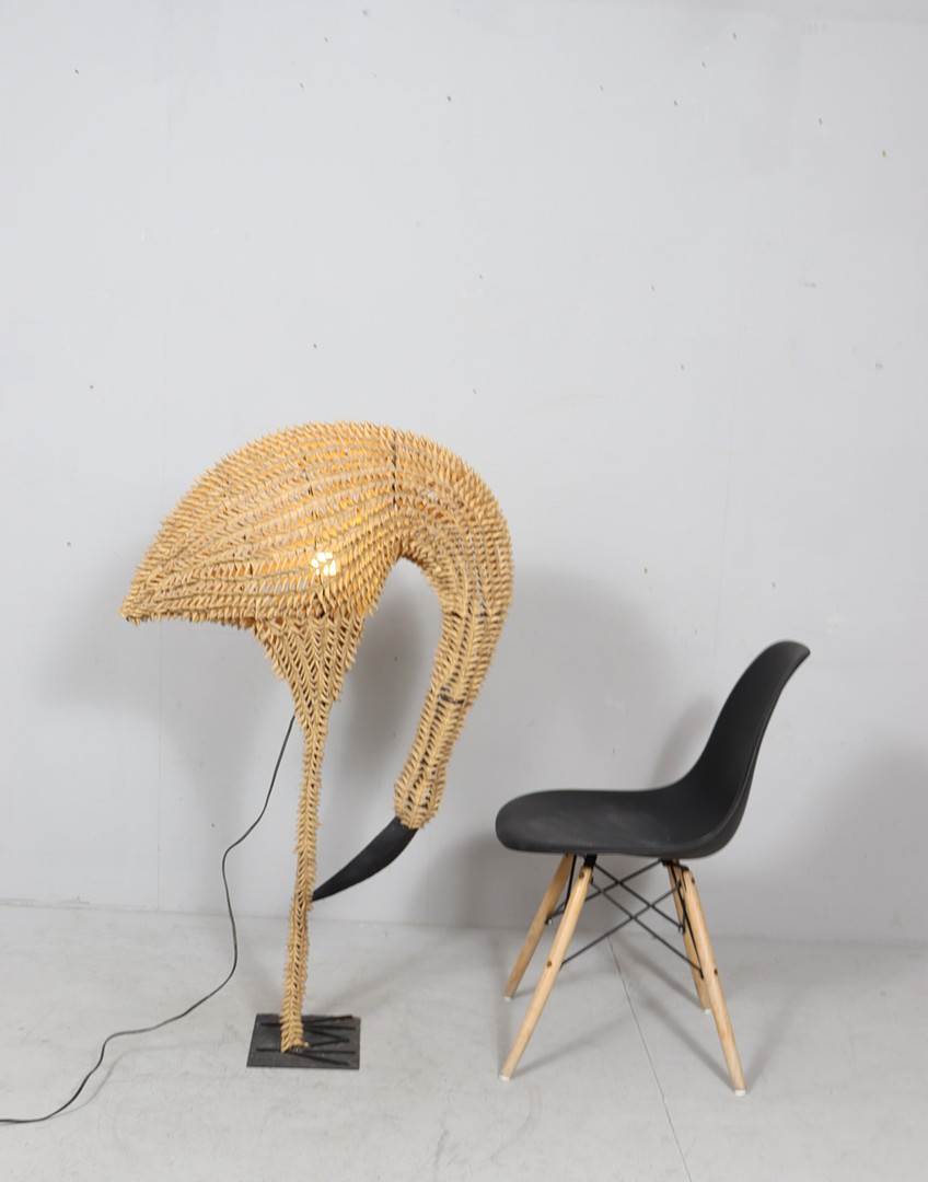 Bambus/Rattan Lampe/Stehlampe Vogel, Flamingo, 1960er Jahre.