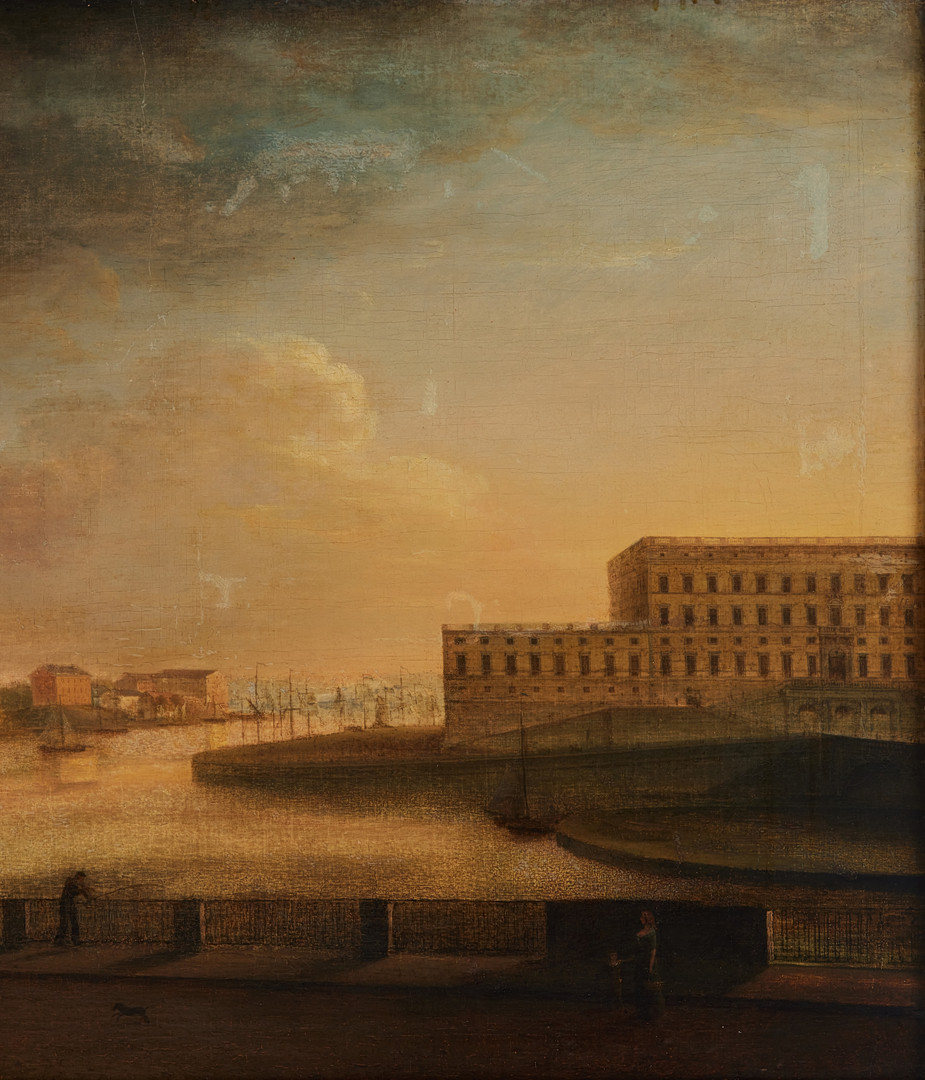 OIDENTIFIERAD KONSTNÄR. omkring 1800, vy över Stockholms slott och Skeppsholmen.