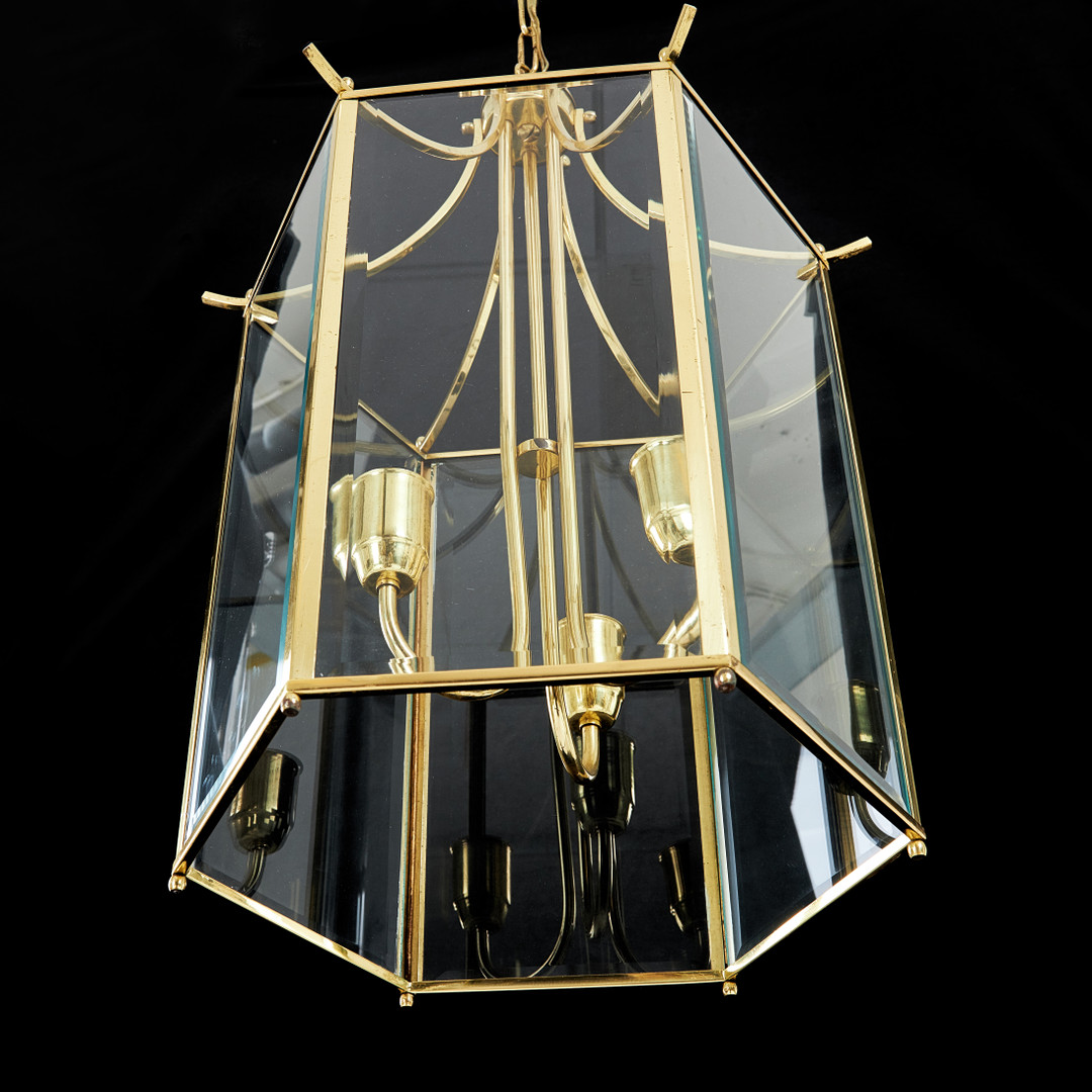 TAKLAMPA, s.k. Bellmanslykta, modell Typ 500, hexagon form, glas, mässing, 1900-talets andra hälft, tillverkad av Klassiska Lyktor, tre ljuspunkter.