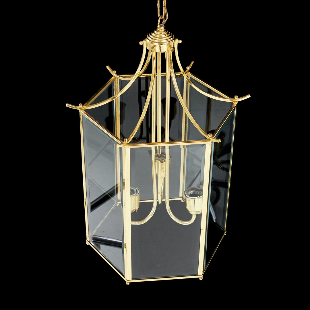 TAKLAMPA, s.k. Bellmanslykta, modell Typ 500, hexagon form, glas, mässing, 1900-talets andra hälft, tillverkad av Klassiska Lyktor, tre ljuspunkter.
