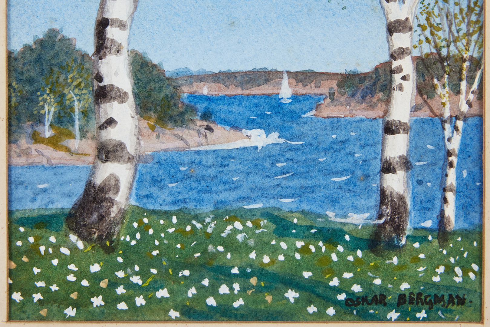 OSKAR BERGMAN. Björkar i vårlandskap, akvarell, signerad Oskar Bergman.