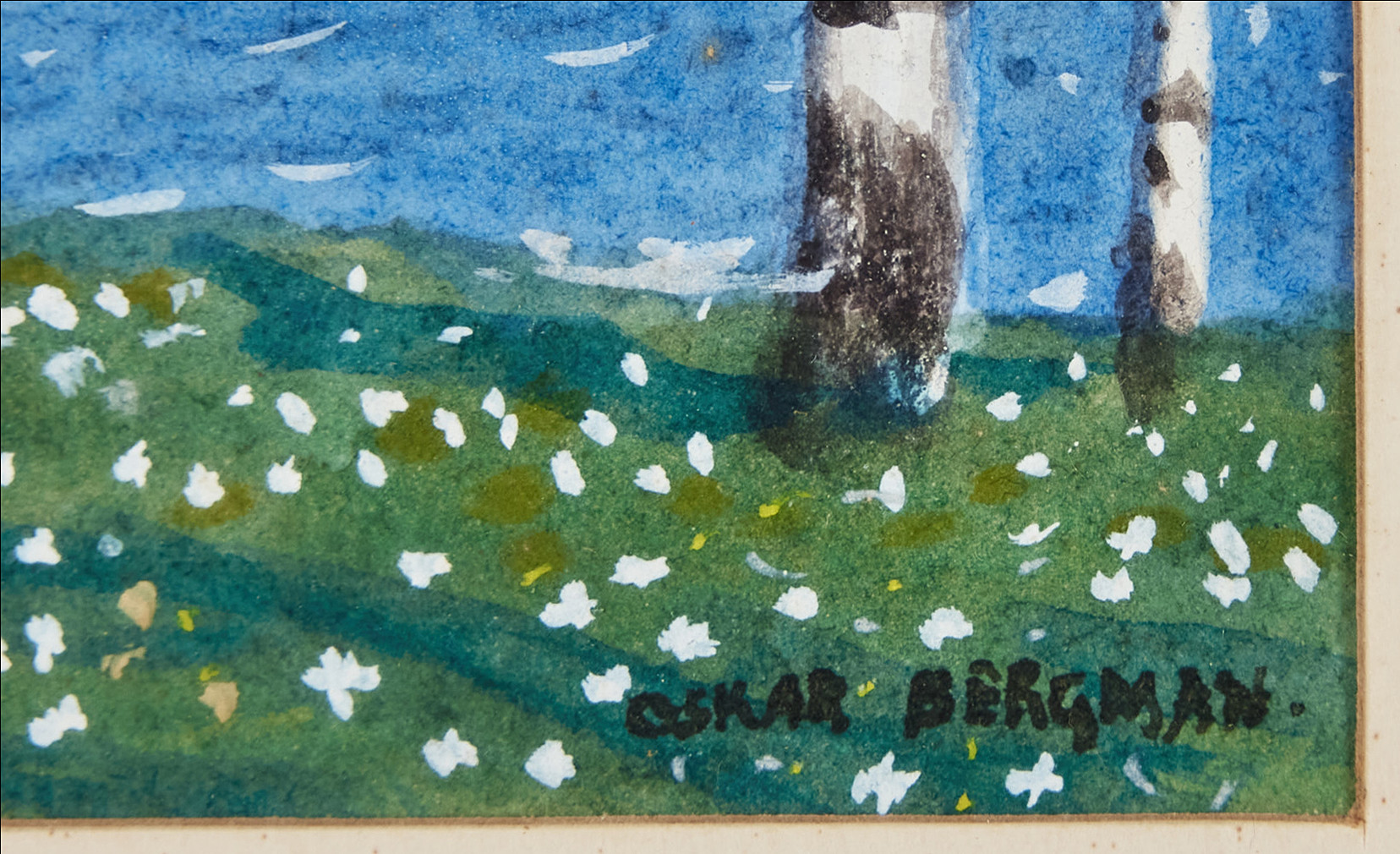 OSKAR BERGMAN. Björkar i vårlandskap, akvarell, signerad Oskar Bergman.