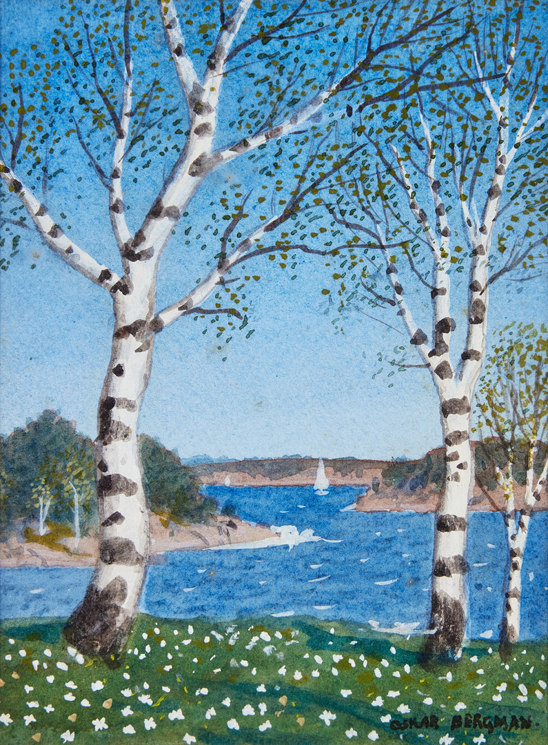 OSKAR BERGMAN. Björkar i vårlandskap, akvarell, signerad Oskar Bergman.