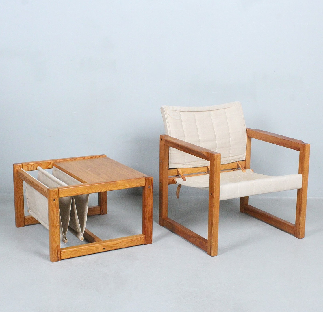 KARIN MOBRING. IKEA. Armlehnsessel / Safari-Chair, Modell 'Diana' / 'Diana Chair', mit Beistelltisch, Schweden, 1970er Jahre.