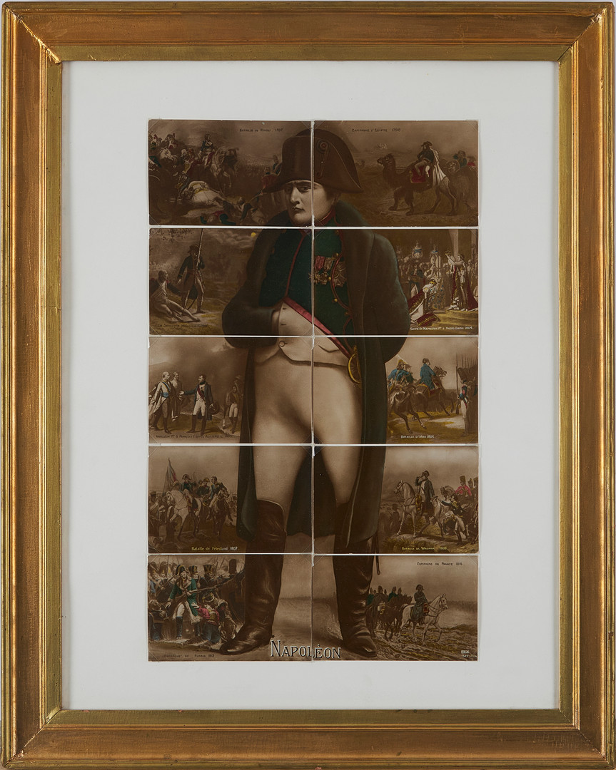 KOLORERAD GRAFIK, bestående av 10 st mindre bilder som bildar en helhet med motiv av Napoleon Bonaparte, 1800-tal.