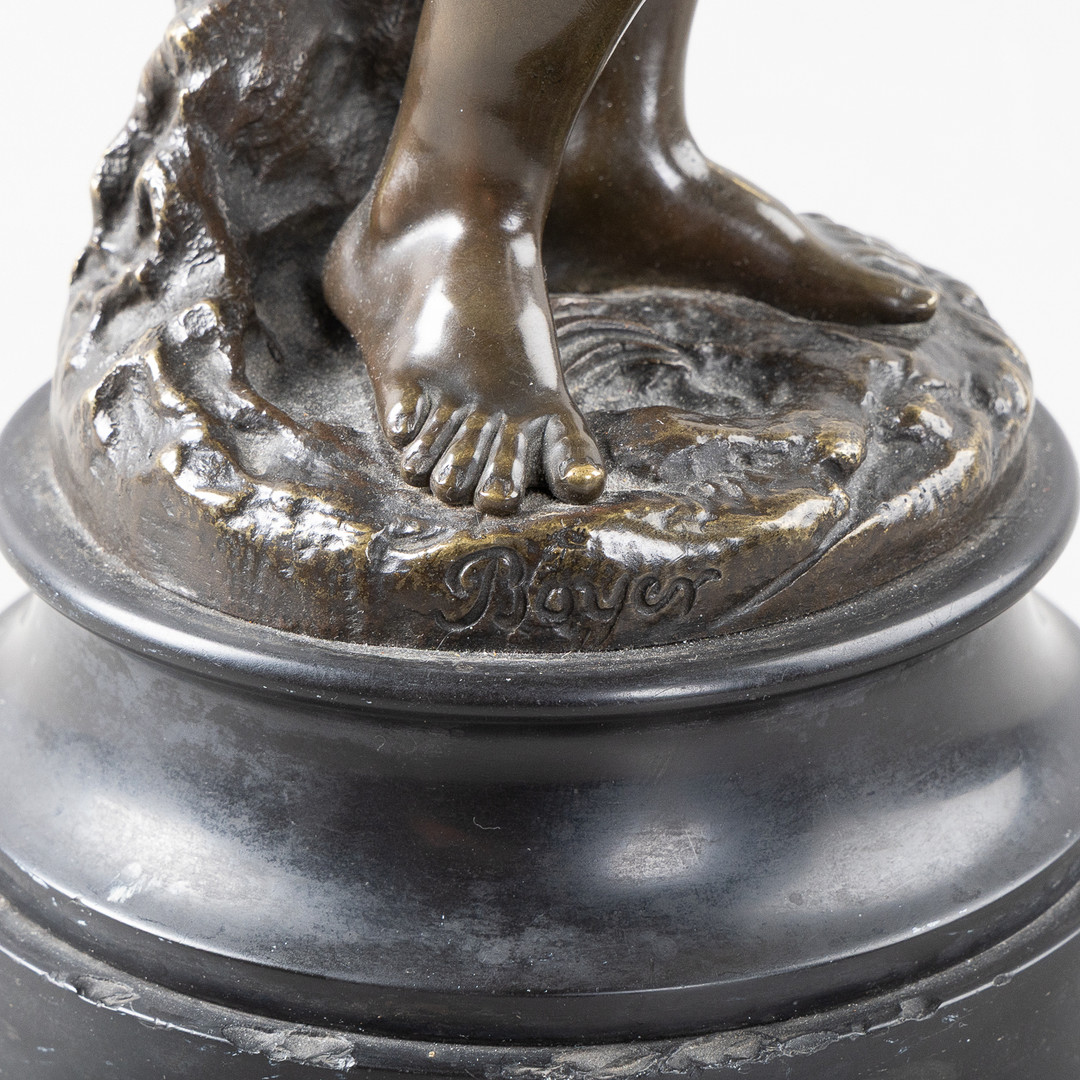 EMILE BOYER (FRANKRIKE 1877-1948). Skulptur i brons, jägare med sitt byte.