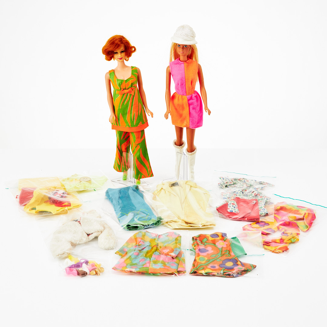BARBIE, #1067 Malibu Sunset Barbie, BL, TNT Blonde, STACEY, #1165 BL, TNT, Titian Flip Hair Do, Outfits, Accessories, 5 Booklets, Stands, (1960/1970s), Mattel.