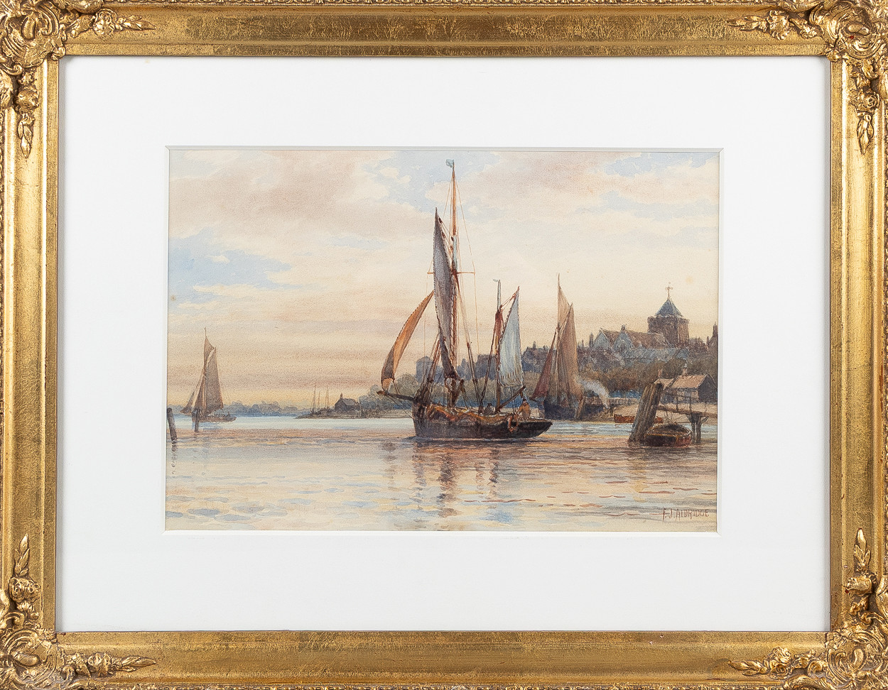 FREDRICK JAMES ALDRIDGE (STORBRITANNIEN, 1850-1933). Skepp vid kuststräcka, akvarell på papper.